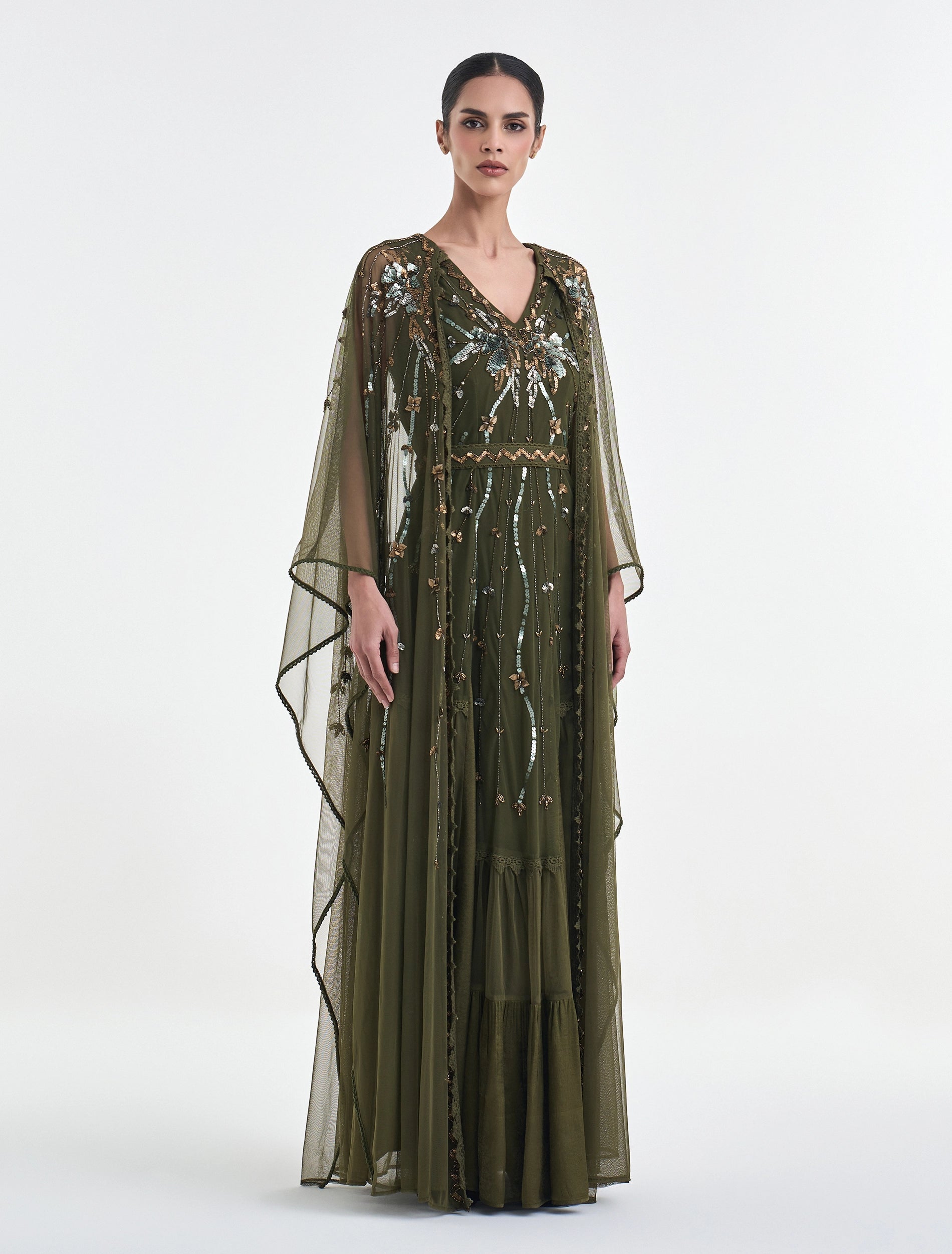 فستان لون زيتي غامق بتطريز يدوي ذهبي أنيق