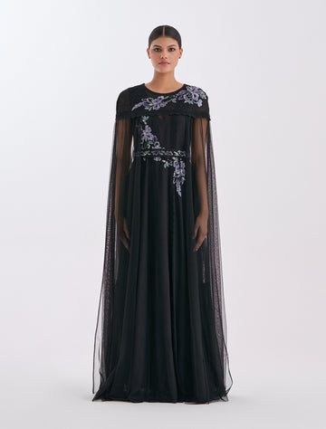 Black Maxi Dress with Floral Embroidery & Sheer Sleeves
