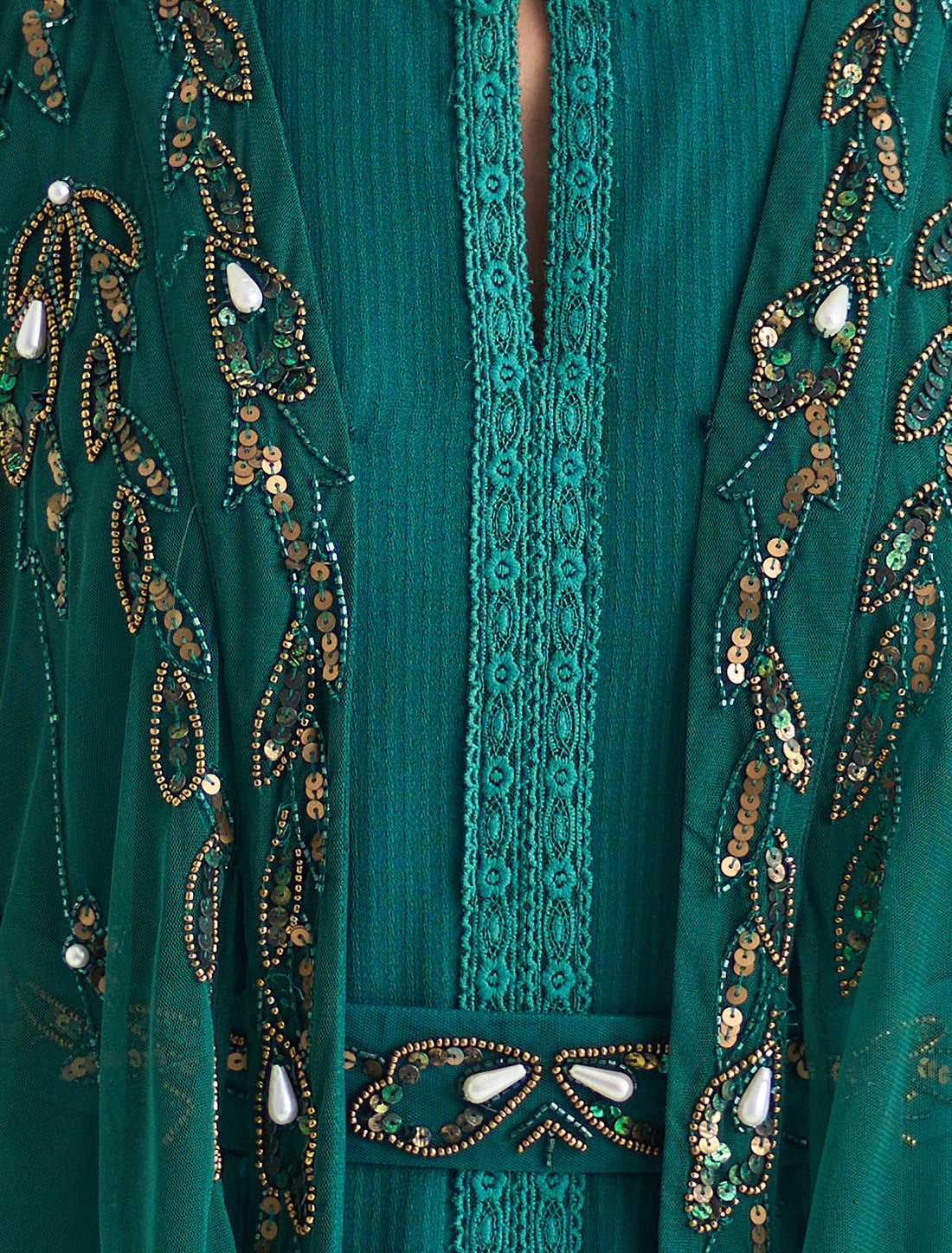 Green Evening Dress with Handcrafted Gold Embroidery