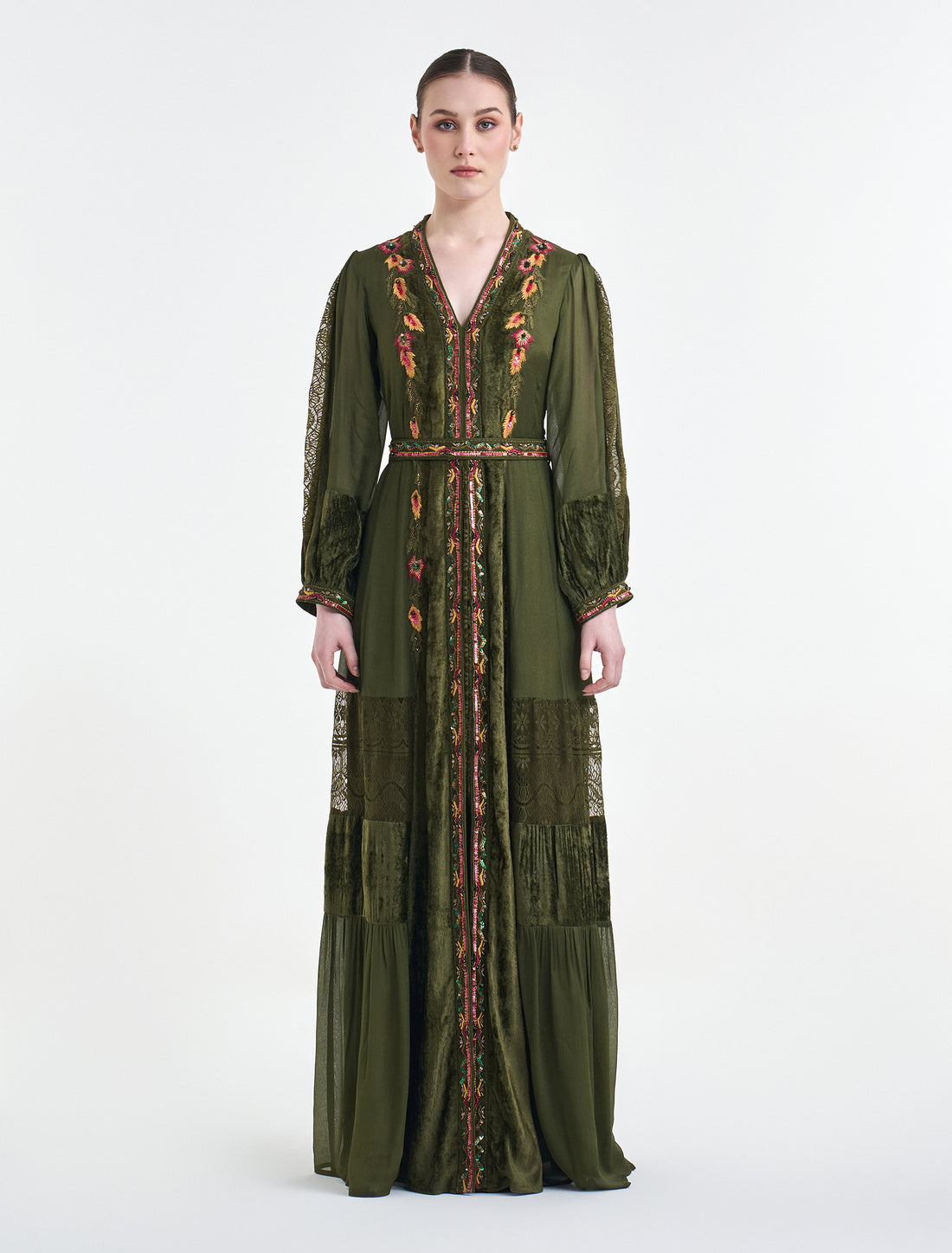 فستان مخمل مع دانتيل طويل بلون زيتي راقي