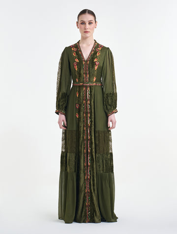 فستان مخمل مع دانتيل طويل بلون زيتي راقي