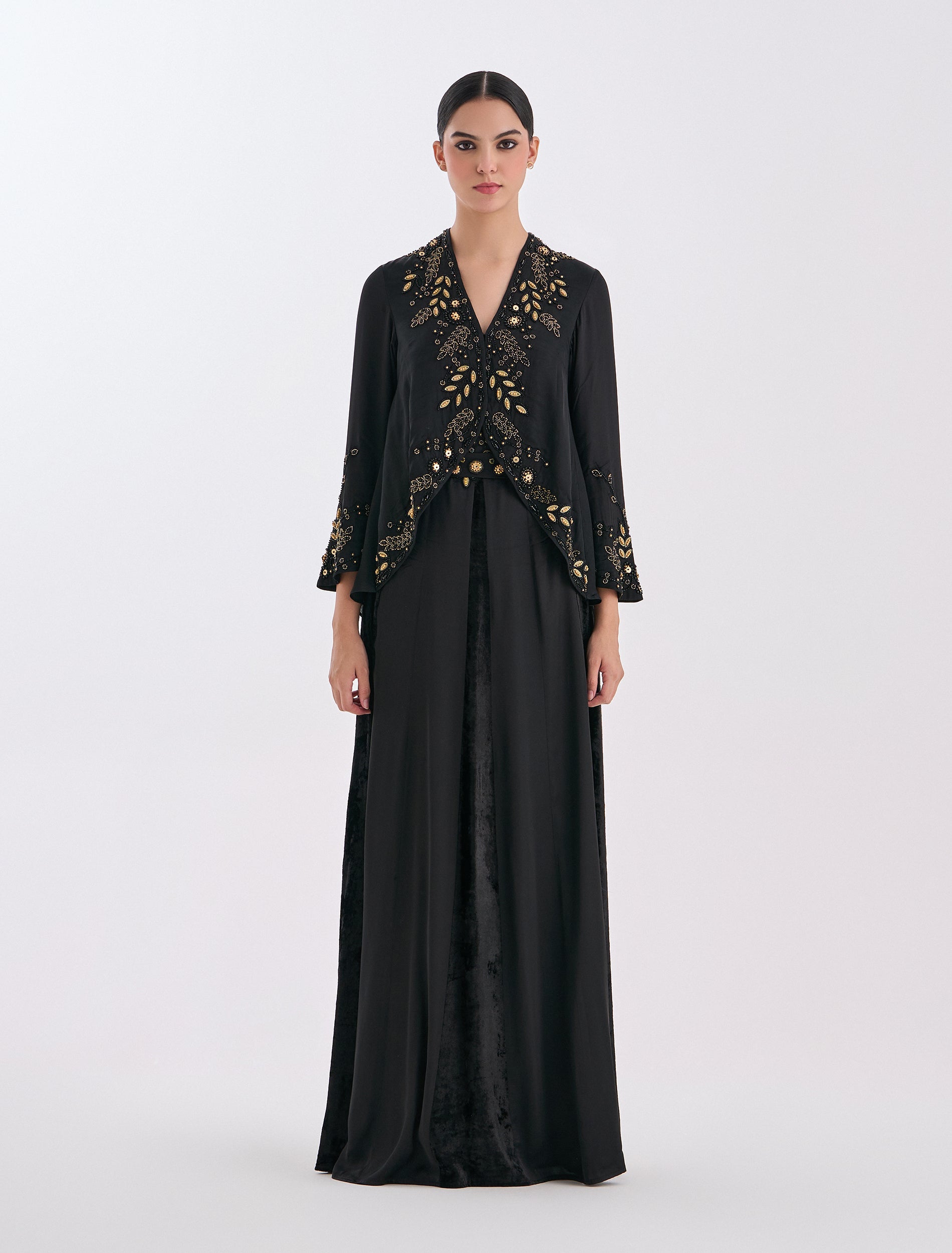 فستان حفلات نسائي أسود طويل مع بوليرو نسائي