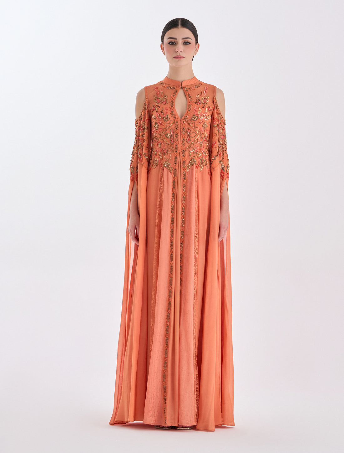 فستان باكتاف مكشوفة سهرة طويل برتقالي 
Long orange dress with cold shoulders