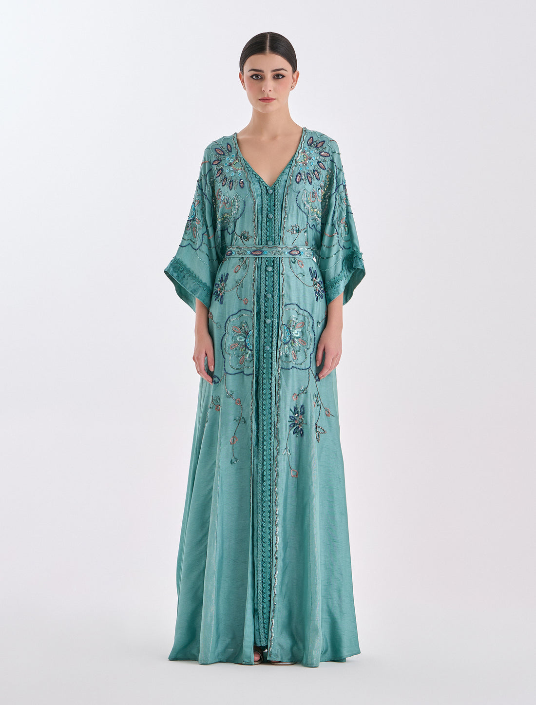 فستان بأكمام واسعة تركواز طويل 