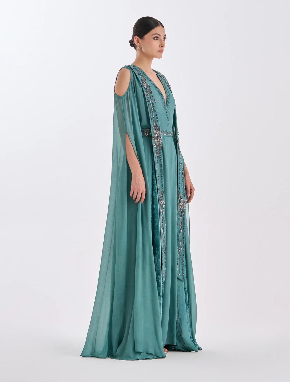 Hand-Embroidered Draped Evening Dress with Refined Details