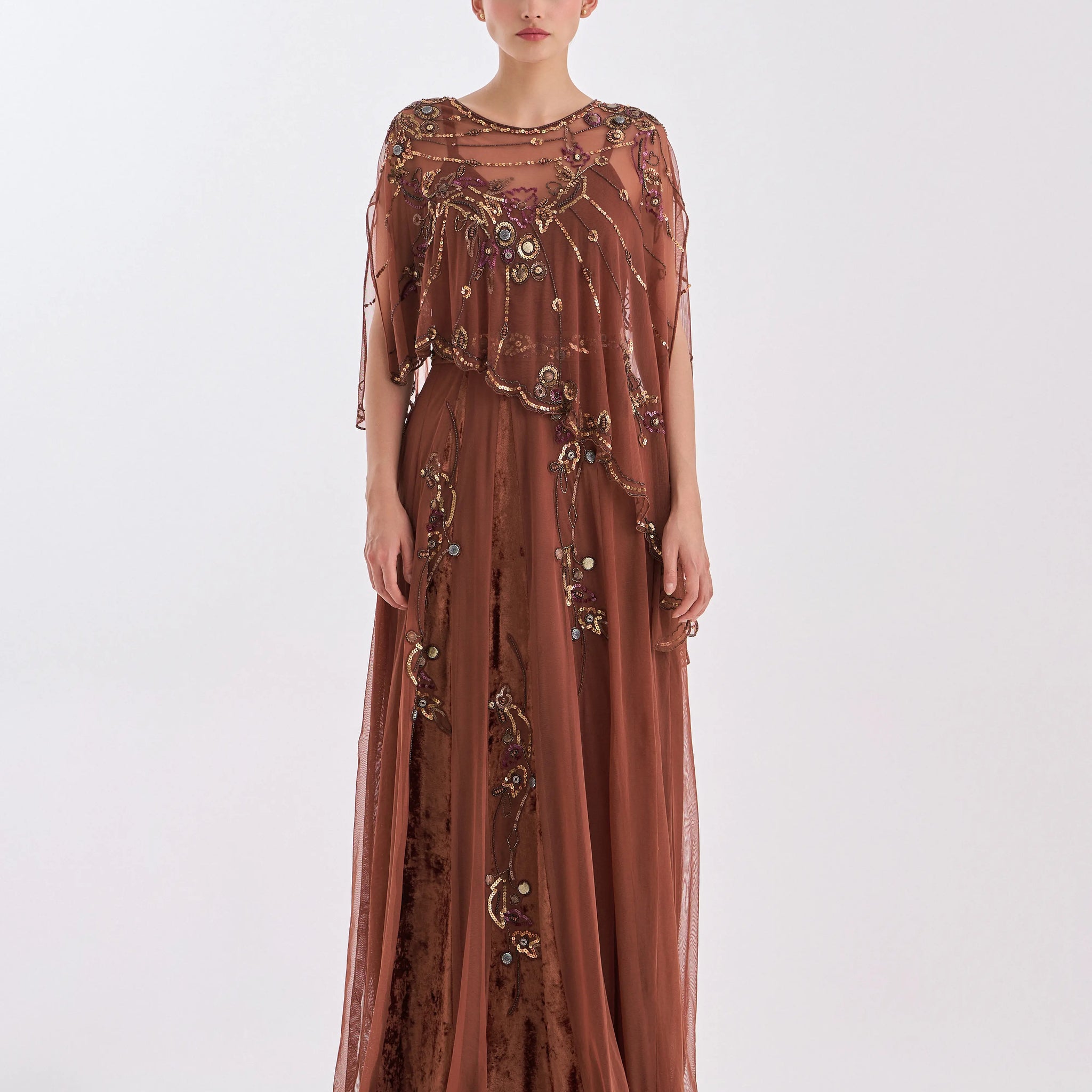 Hand-Embroidered Draped Evening Dress with Refined Details