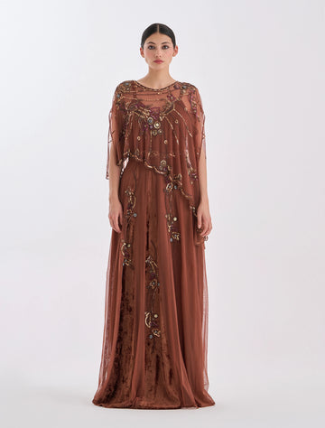 Hand-Embroidered Draped Evening Dress with Refined Details
