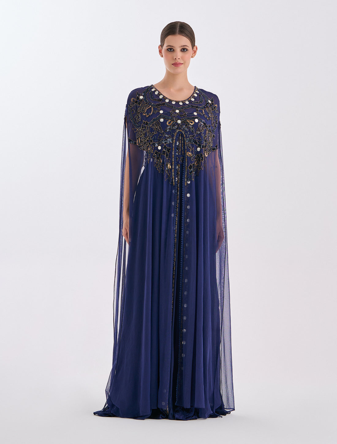 فستان كحلي مخمل بتطريز ذهبي أنيق