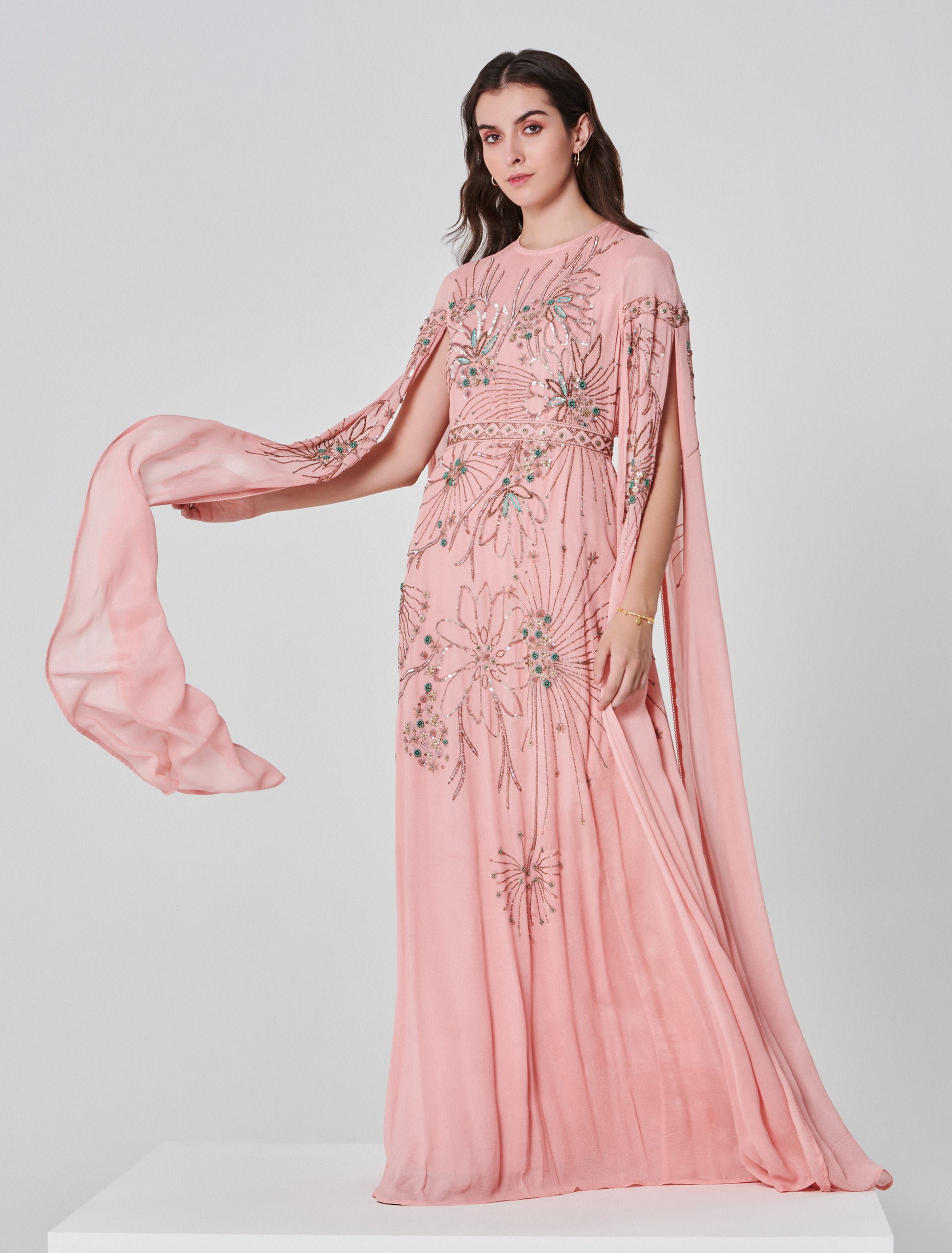 Pink Chiffon Cape Sleeve Dress The “Aurel” Long Pink Dress With