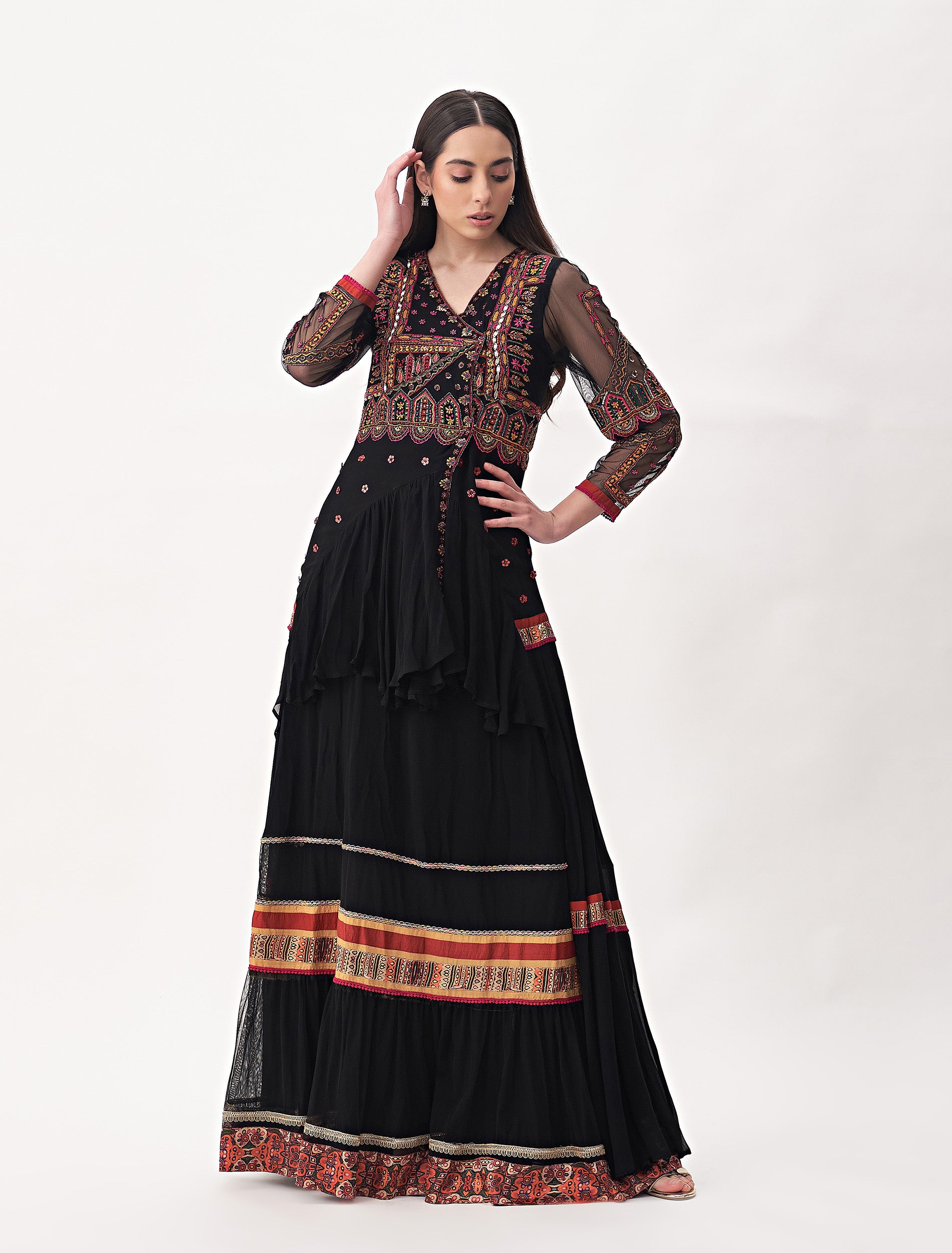 Long Black Traditional Dress with Eastern Embroidery