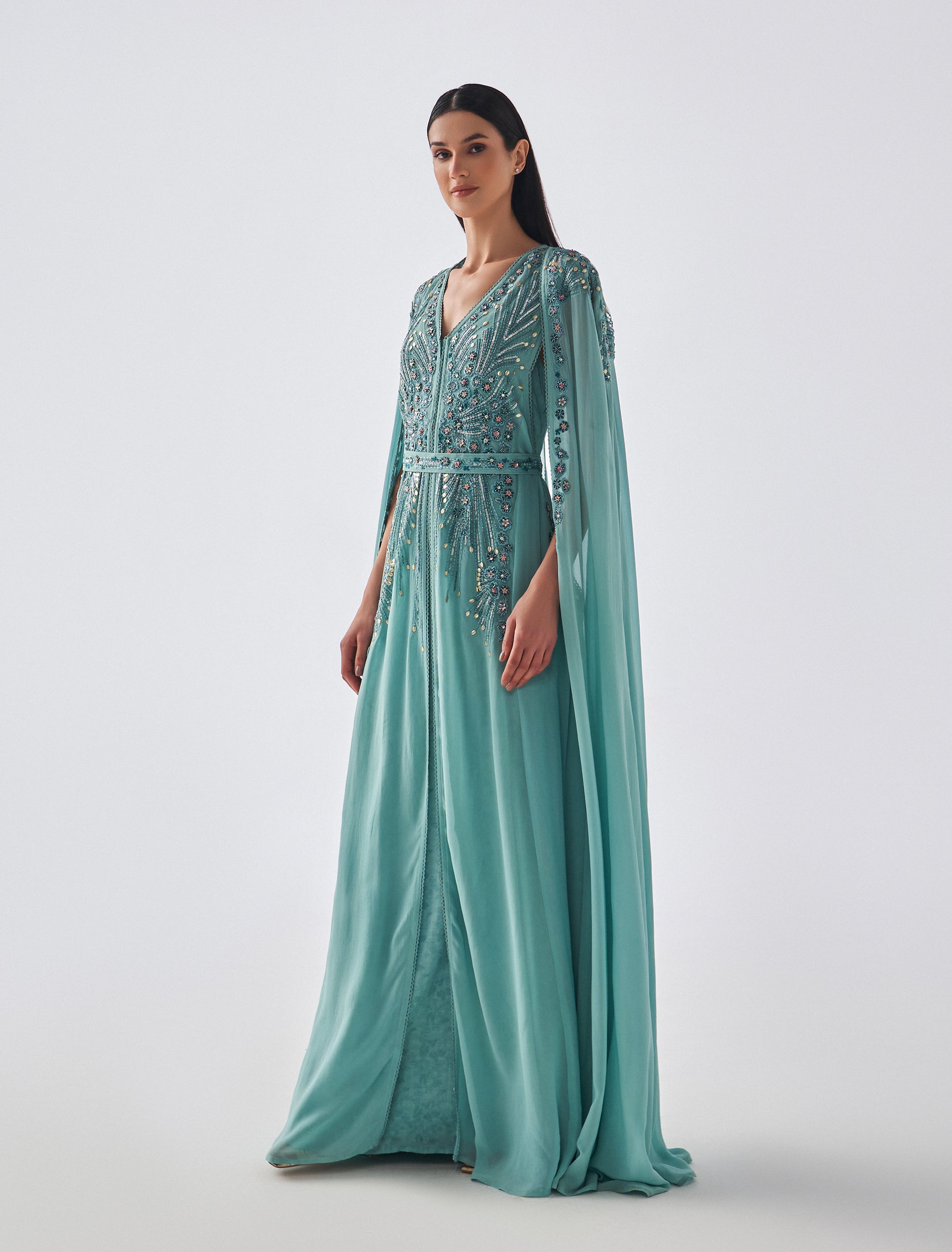 Long Turquoise Evening Dress with Cape Sleeves and Hand Embroidery