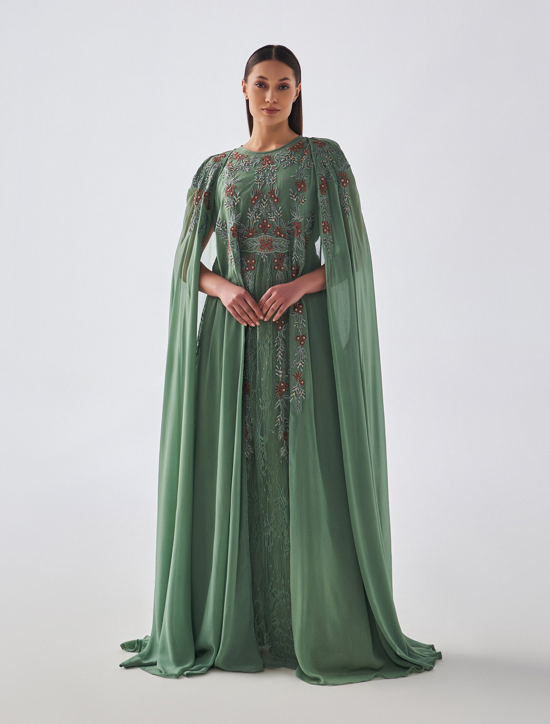 Long Light Green Dress with Cape Sleeves and Hand Embroidery by Shalky
