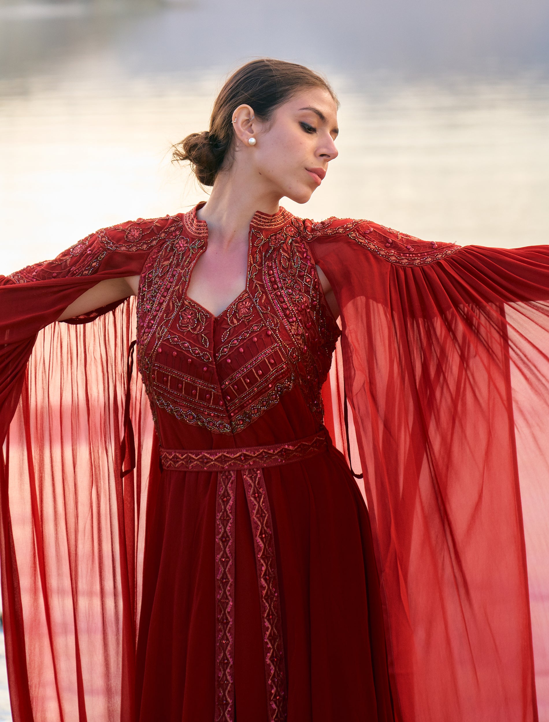 Burgundy Evening Dress with Hand Embroidery and Long Cape Sleeves Burgundy Evening Dress with Hand Embroidery and Long Cape Sleeves