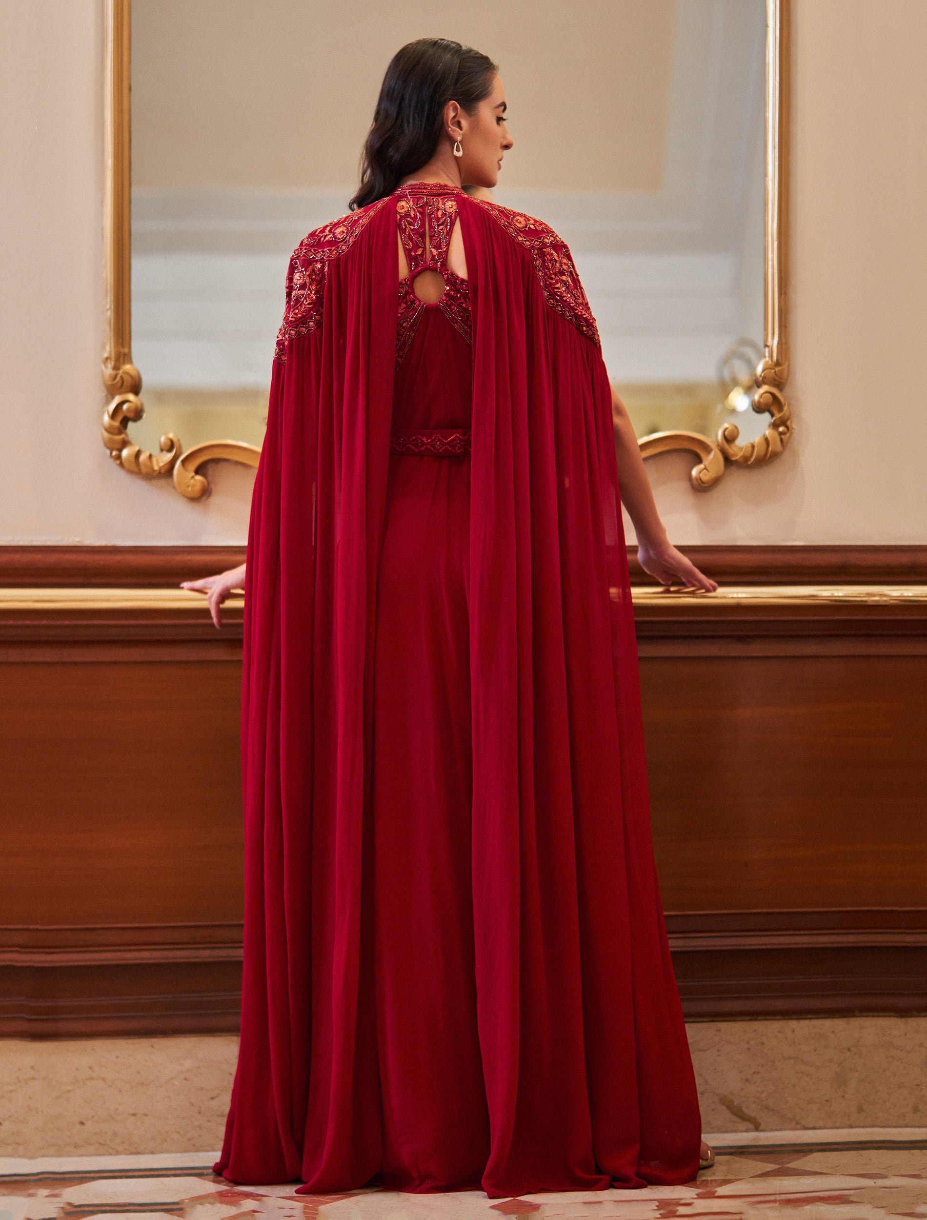 Burgundy Evening Dress with Hand Embroidery and Long Cape Sleeves Burgundy Evening Dress with Hand Embroidery and Long Cape Sleeves