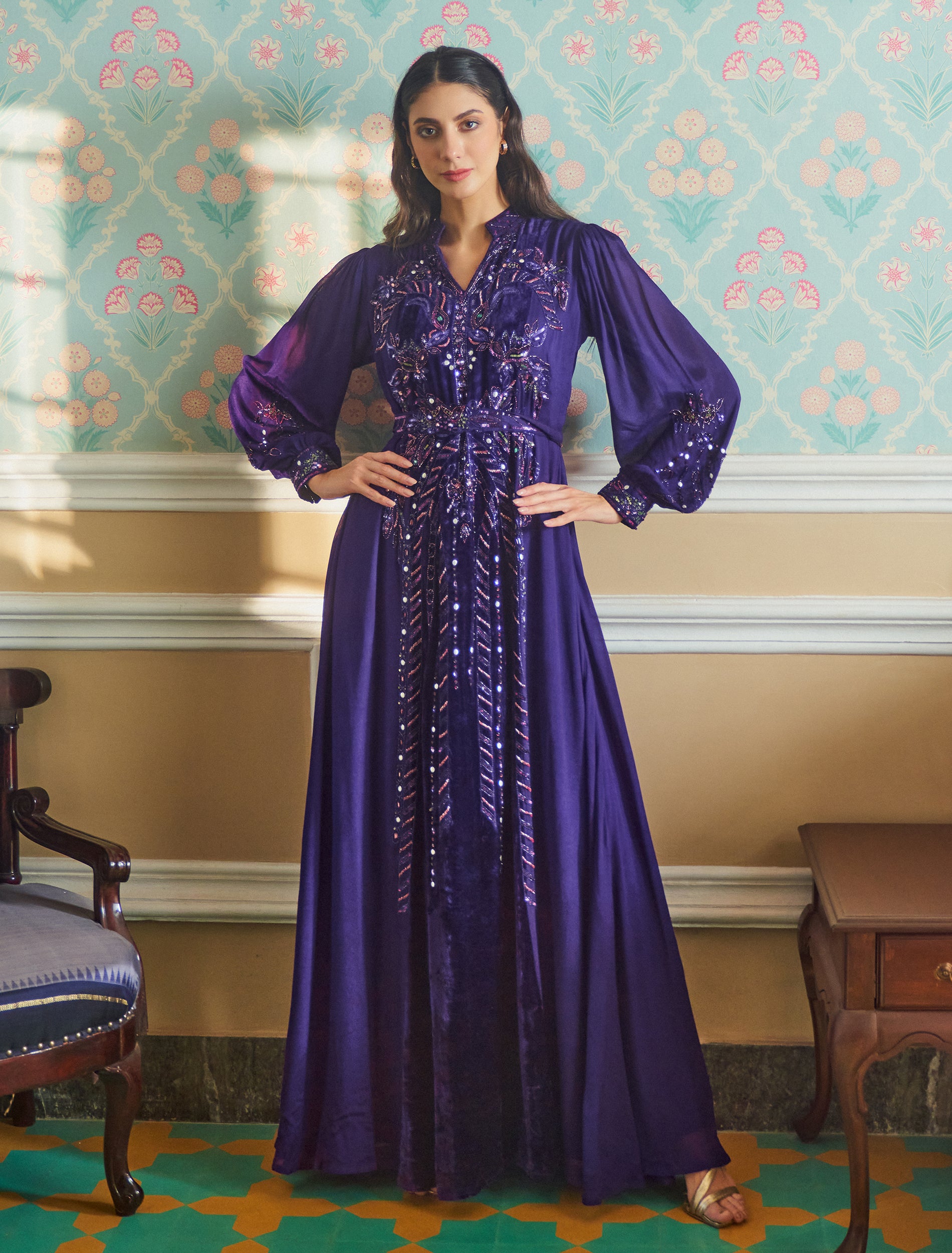 purple velvet embroidered dress Ashley Lauren 30110 - Long Velvet Ballgown Dress
