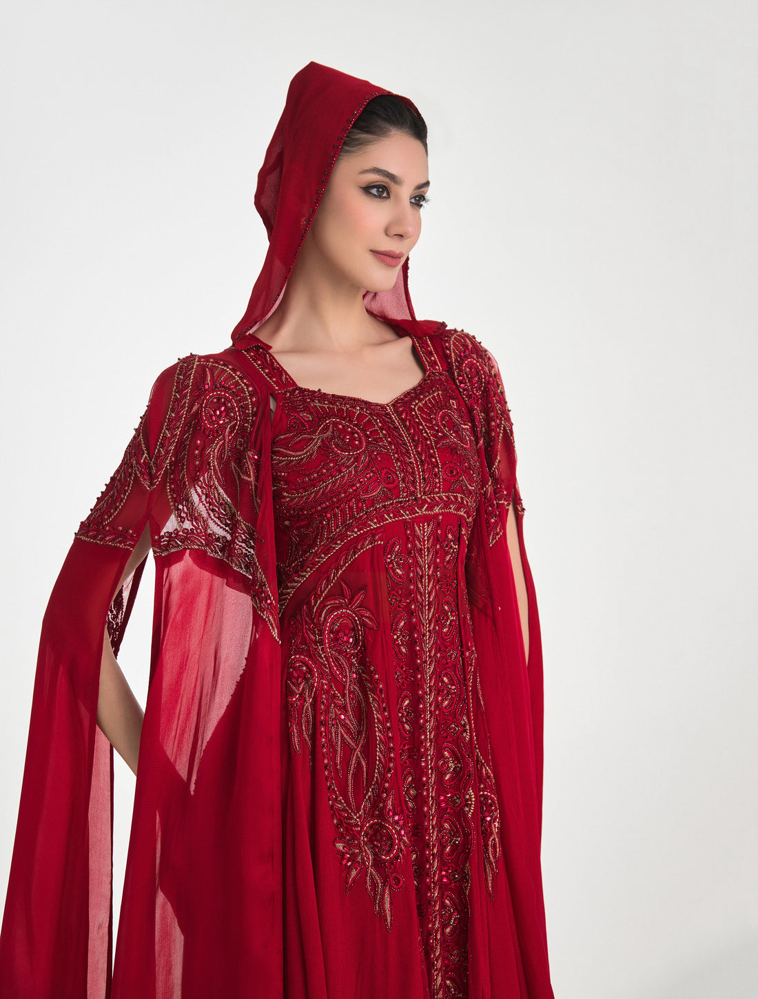 Long Red Evening Dress with Golden Patterns