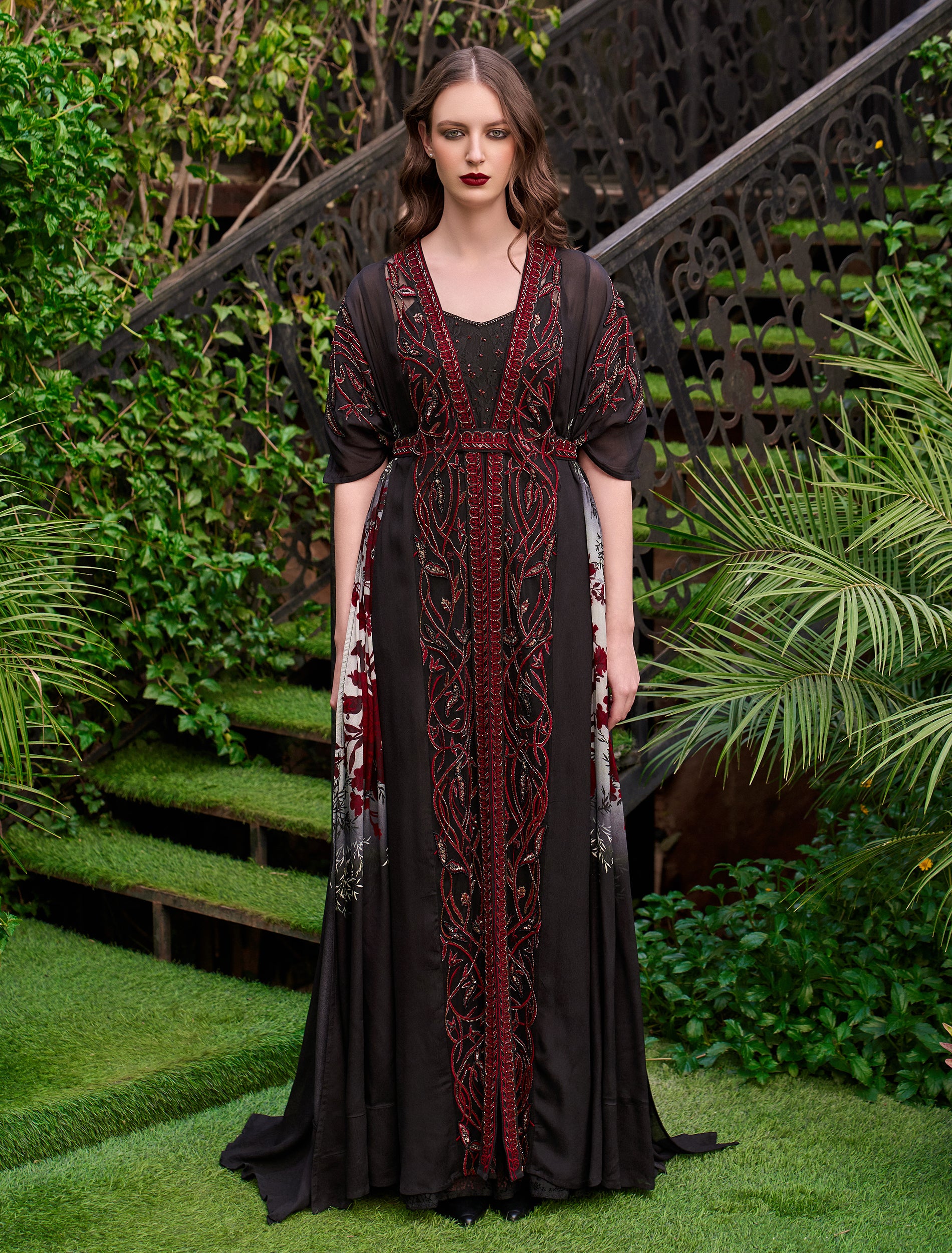 Shop Now: Long Embroidered Evening Dress with Red Embroidery and Luxurious Middle Eastern Details! Shop Now: Long Embroidered Evening Dress with Red Embroidery and Luxurious Middle Eastern Details!