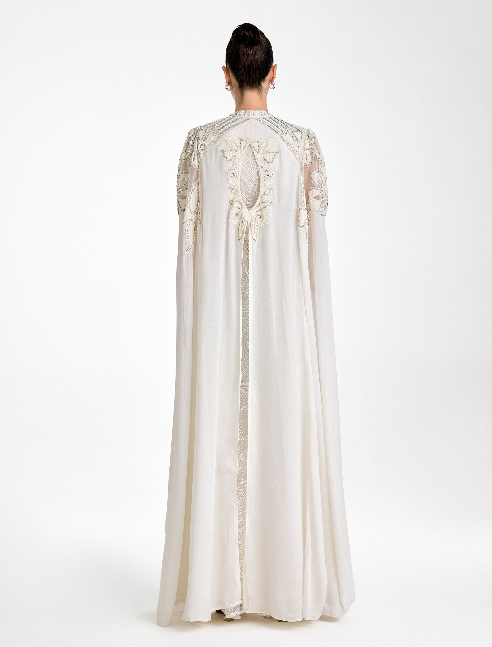 Shop Shalky's Long Off-white Chiffon Evening Dress with Floral Embroidery! Shop Shalky's Long Off-white Chiffon Evening Dress with Floral Embroidery!