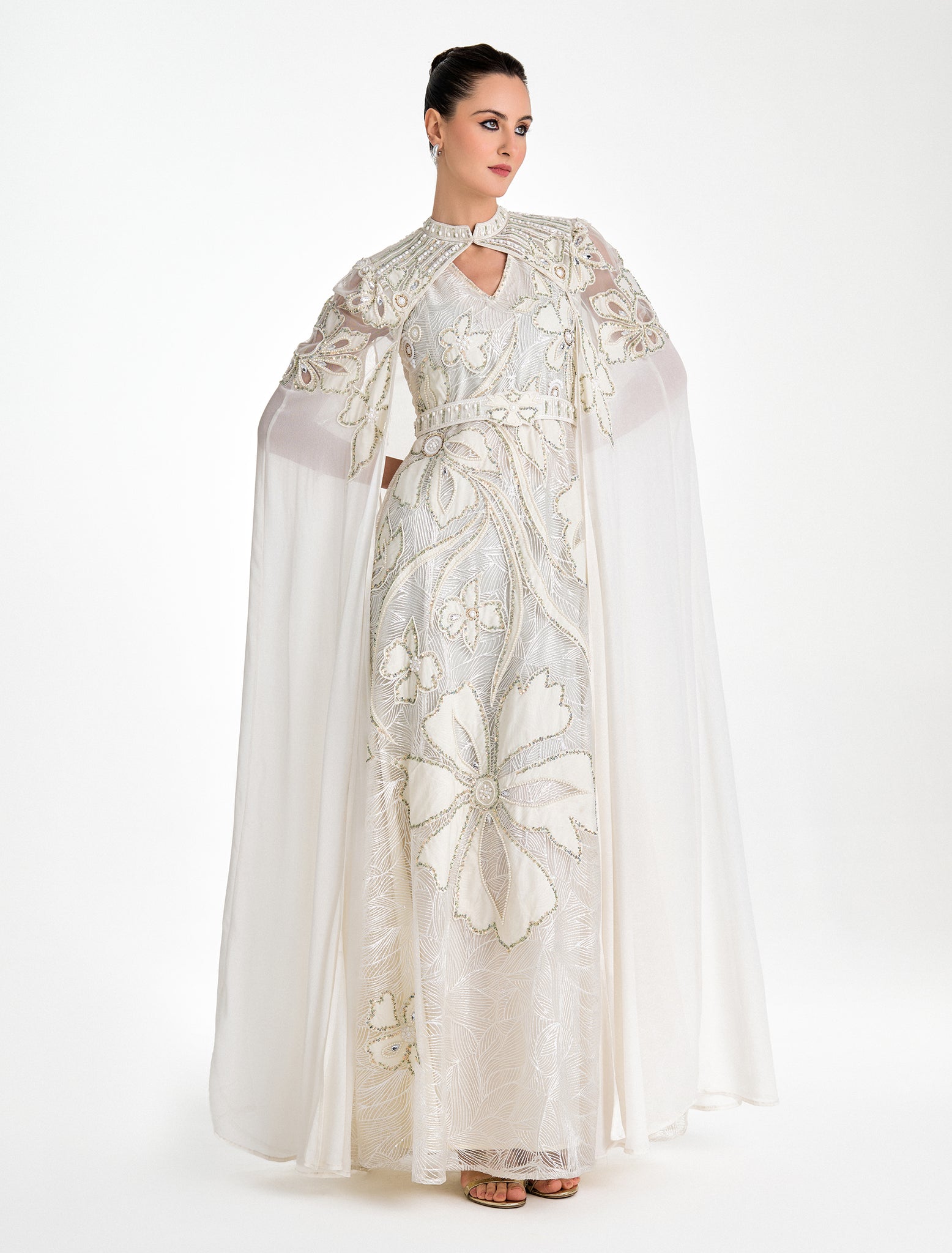 Shop Shalky's Long Off-white Chiffon Evening Dress with Floral Embroidery!
