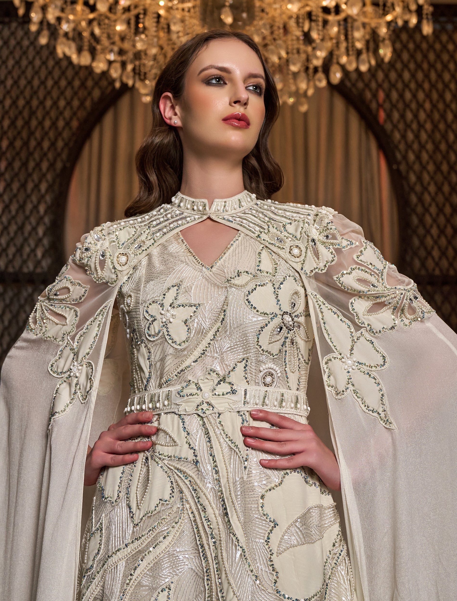Shop Shalky's Long Off-white Chiffon Evening Dress with Floral Embroidery! Shop Shalky's Long Off-white Chiffon Evening Dress with Floral Embroidery!