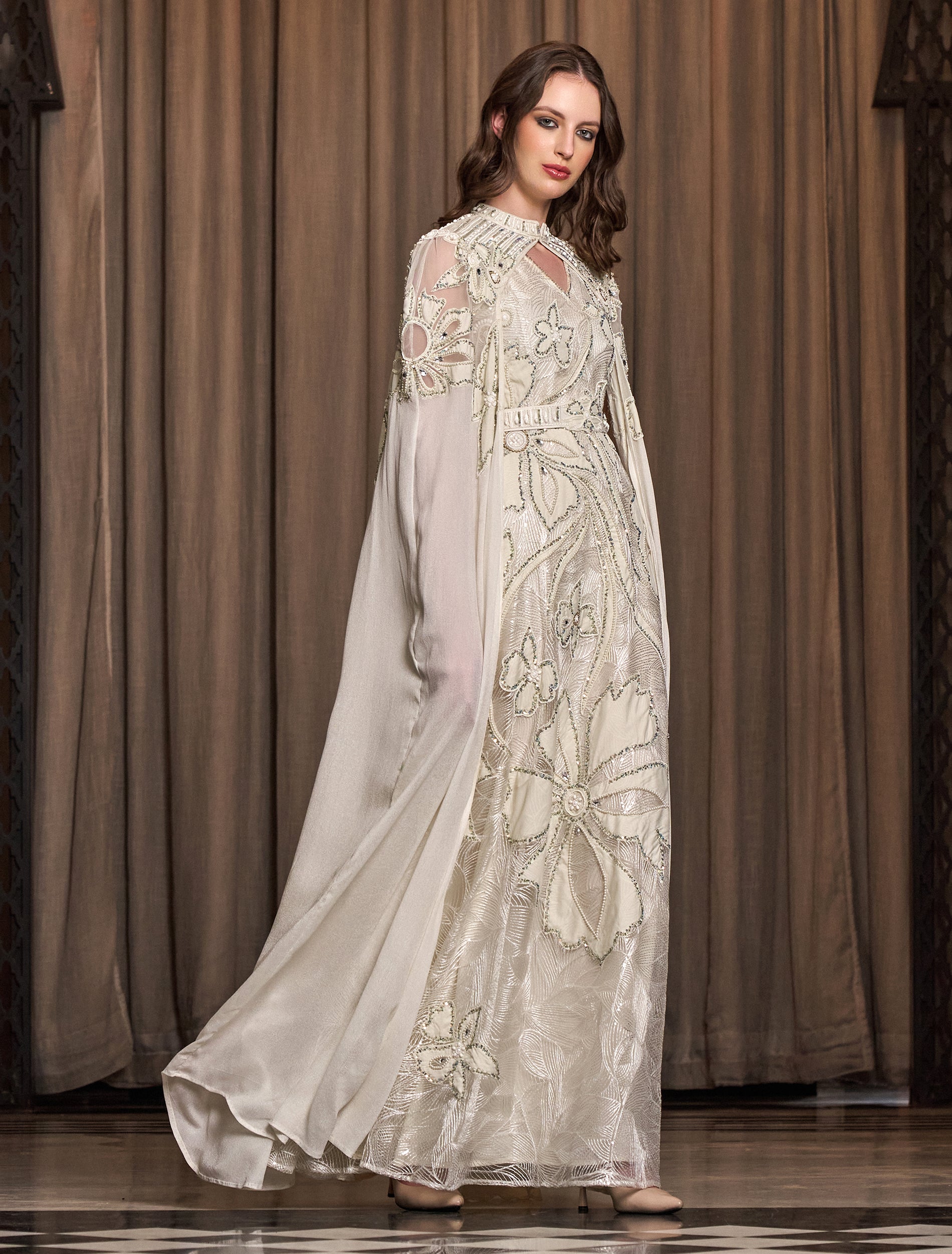 Shop Shalky's Long Off-white Chiffon Evening Dress with Floral Embroidery!
