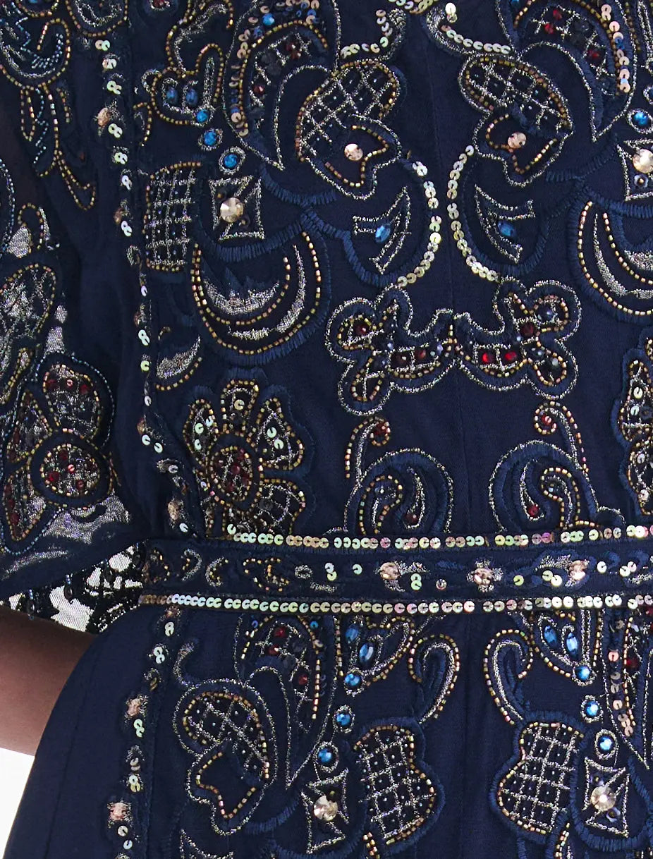 Royal Navy Blue Evening Dress with Botanical Embroidery