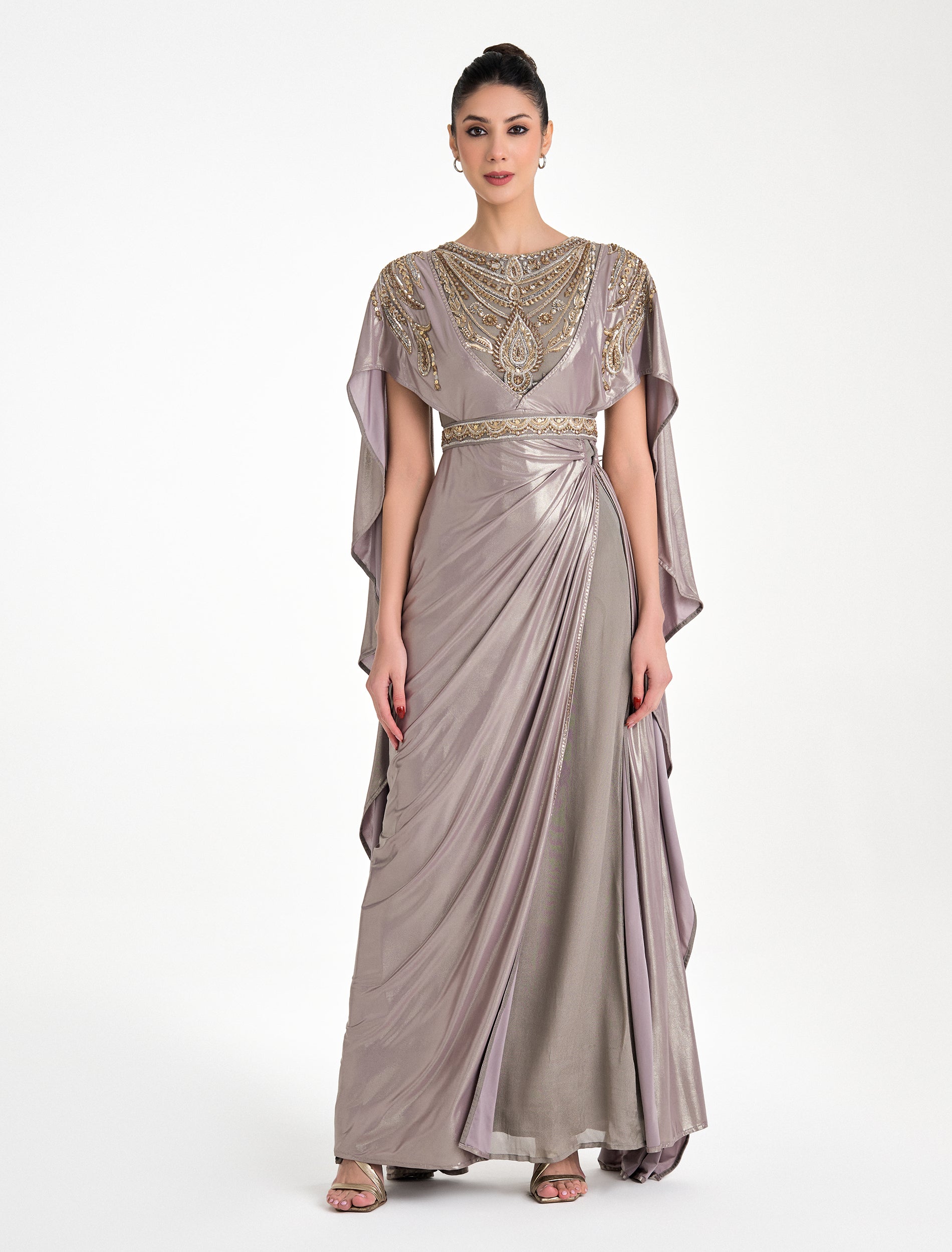 Stand out in Shalky’s long silk evening dress with cape sleeves