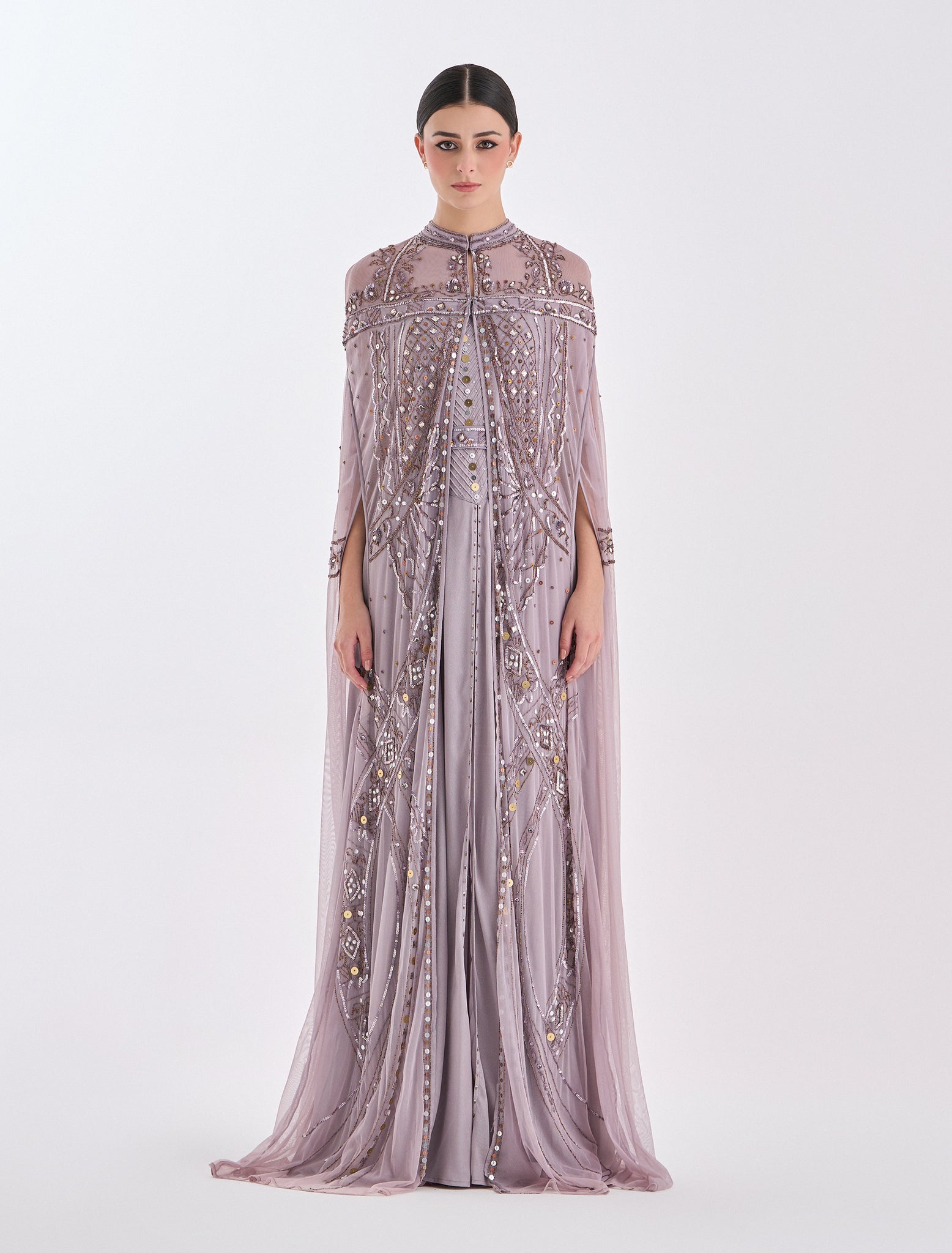 فستان موف فاتح سهره طويل مع كاب طويل لامع