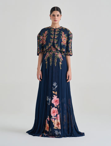 فستان سهرة من قطعتين بلون كحلي طويل 