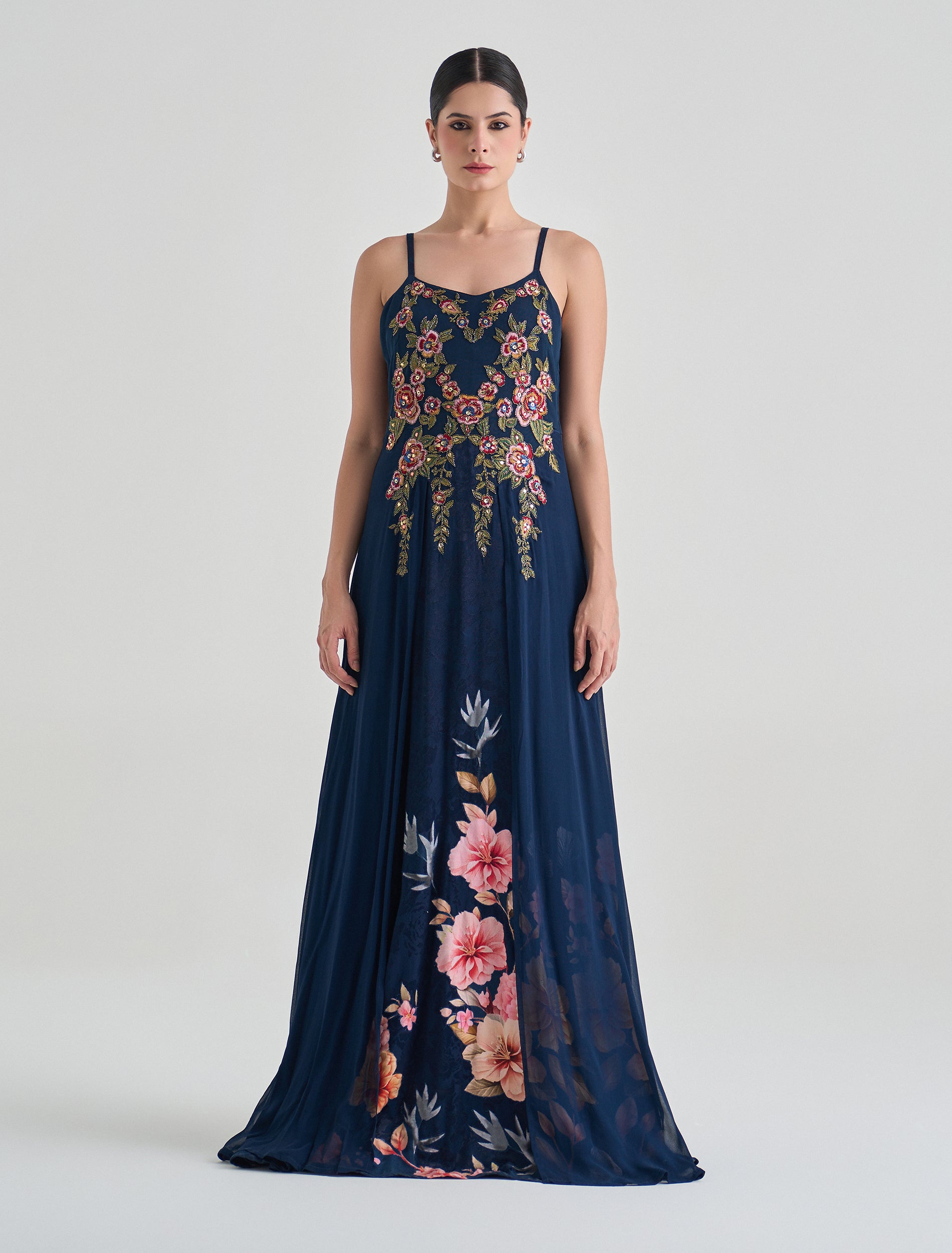 فستان كحلي مورد بستايل قطعتين 