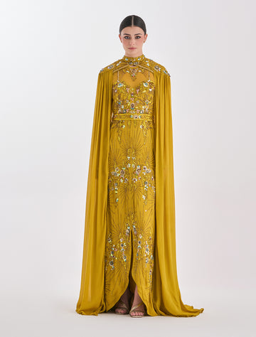 فستان سهرة أصفر ذهبي بكاب مطرّز يدويا