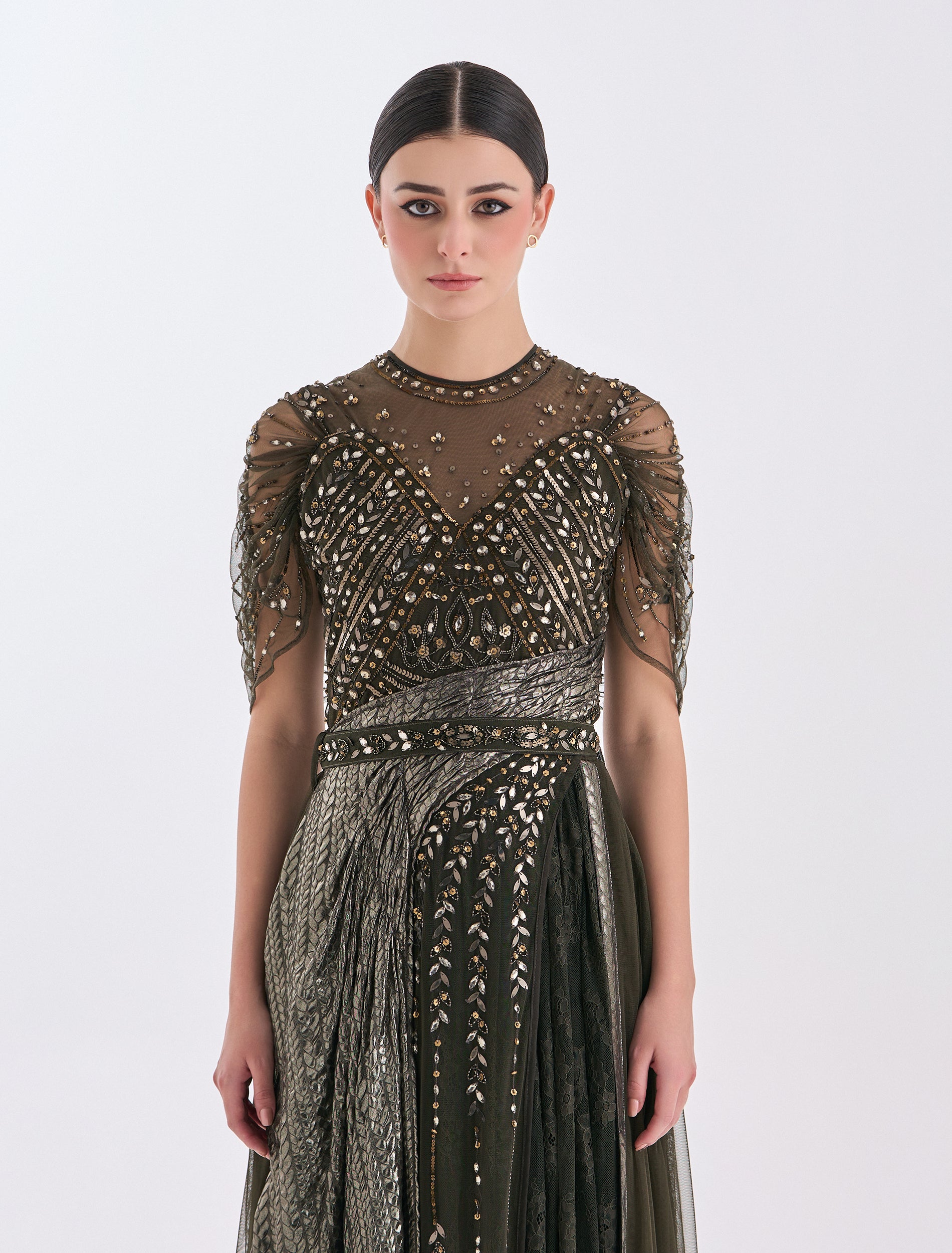 Shalky’s Long Olive-Green Evening Dress with Shimmering Beaded Hand