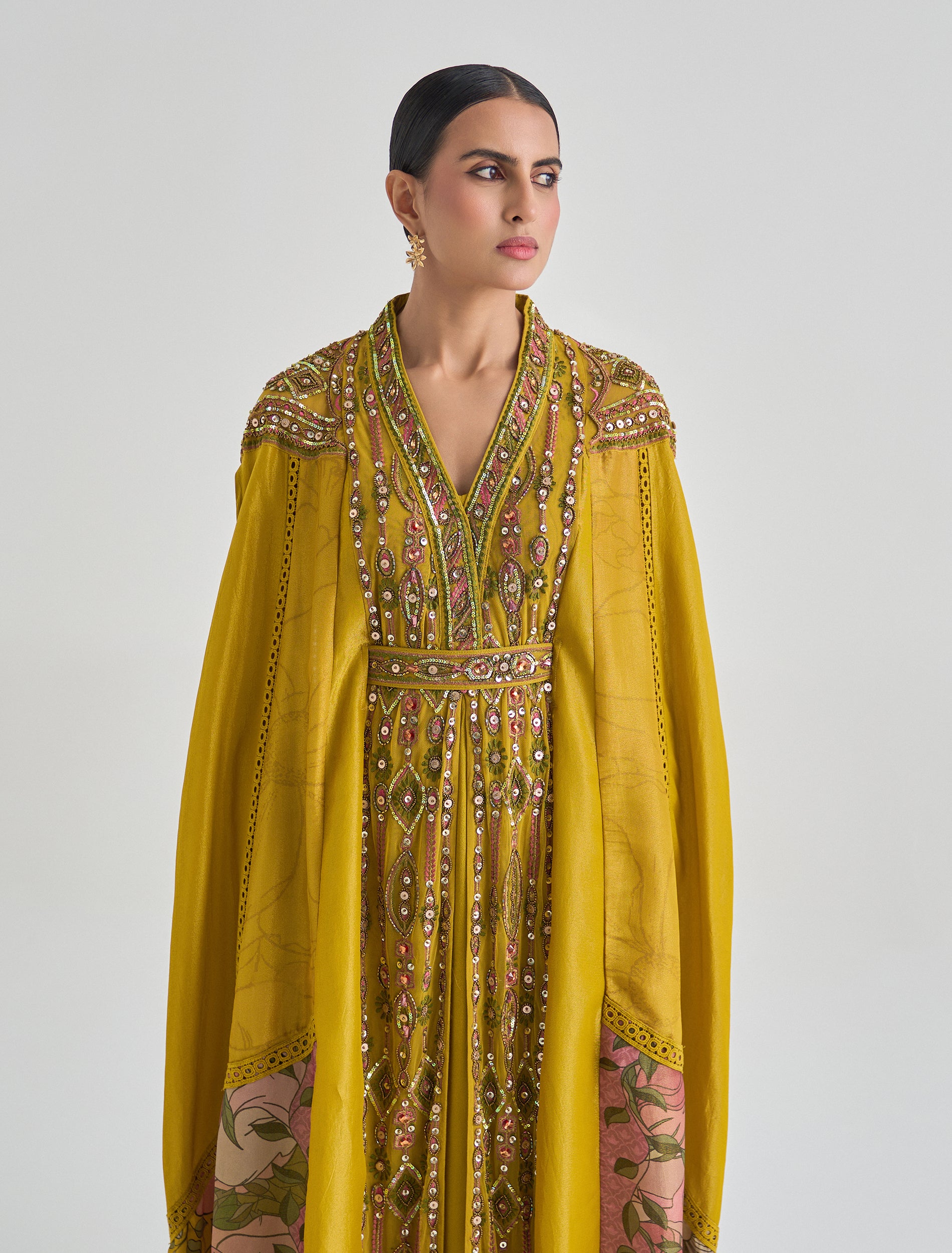 Mustard yellow dress with cape sleeves 