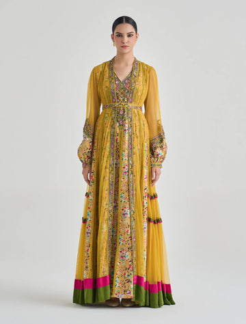 فستان بتفاصيل زهرية بلون أصفر من شالكي