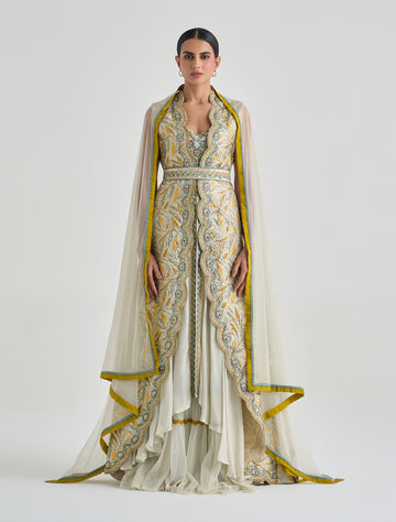 فستان هوت كوتور طويل بلون أصفر مطرز