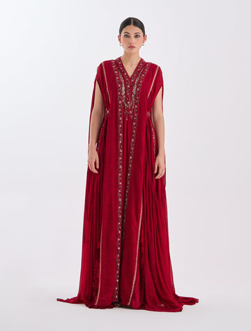 فستان سهرة عنابي طويل مطرز يدويا