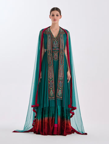 Long Velvet Dress with Distinctive Blue Hem Accents