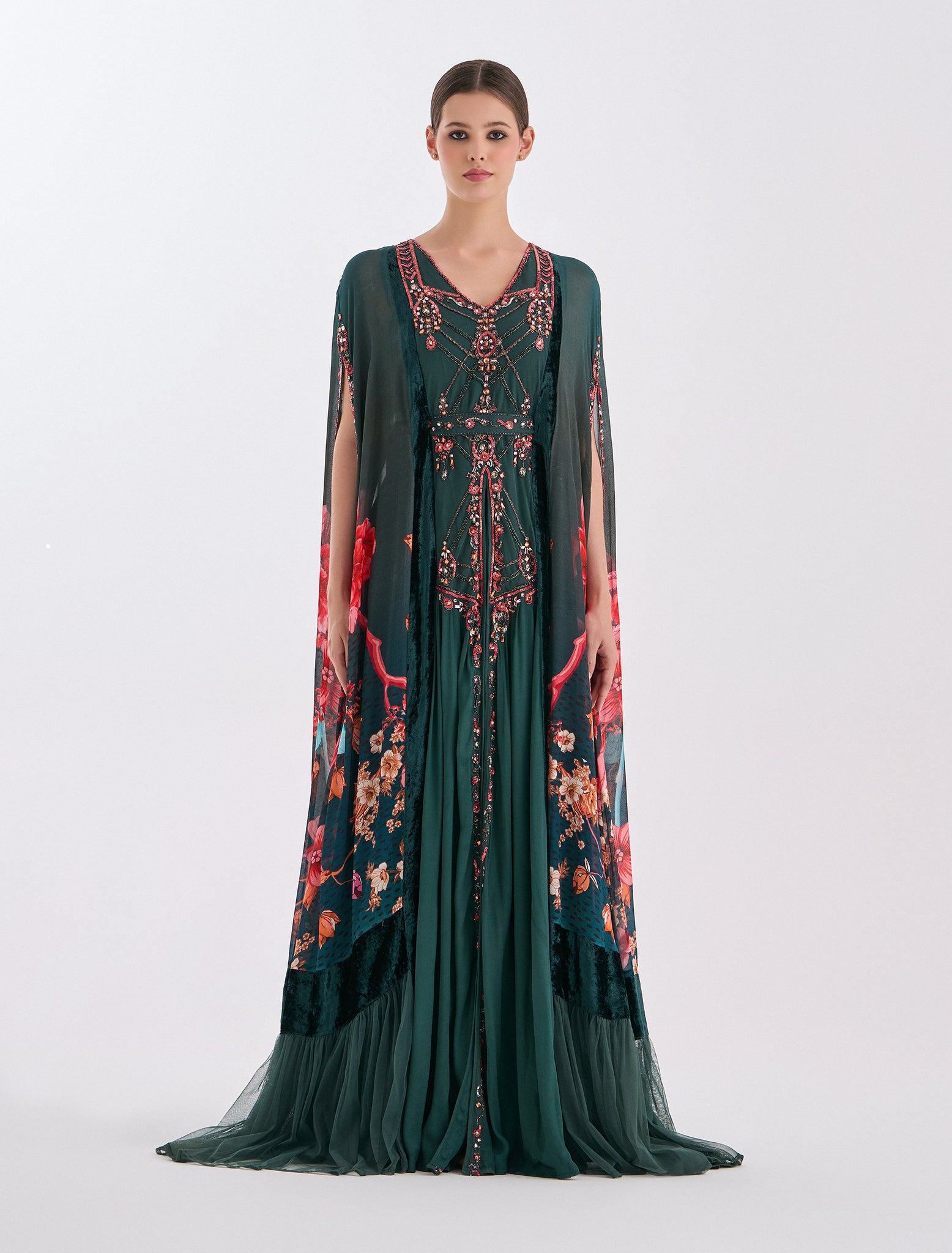 فستان سهرة اخضر غامق بستايل فضفاض مع كاب مفتوح