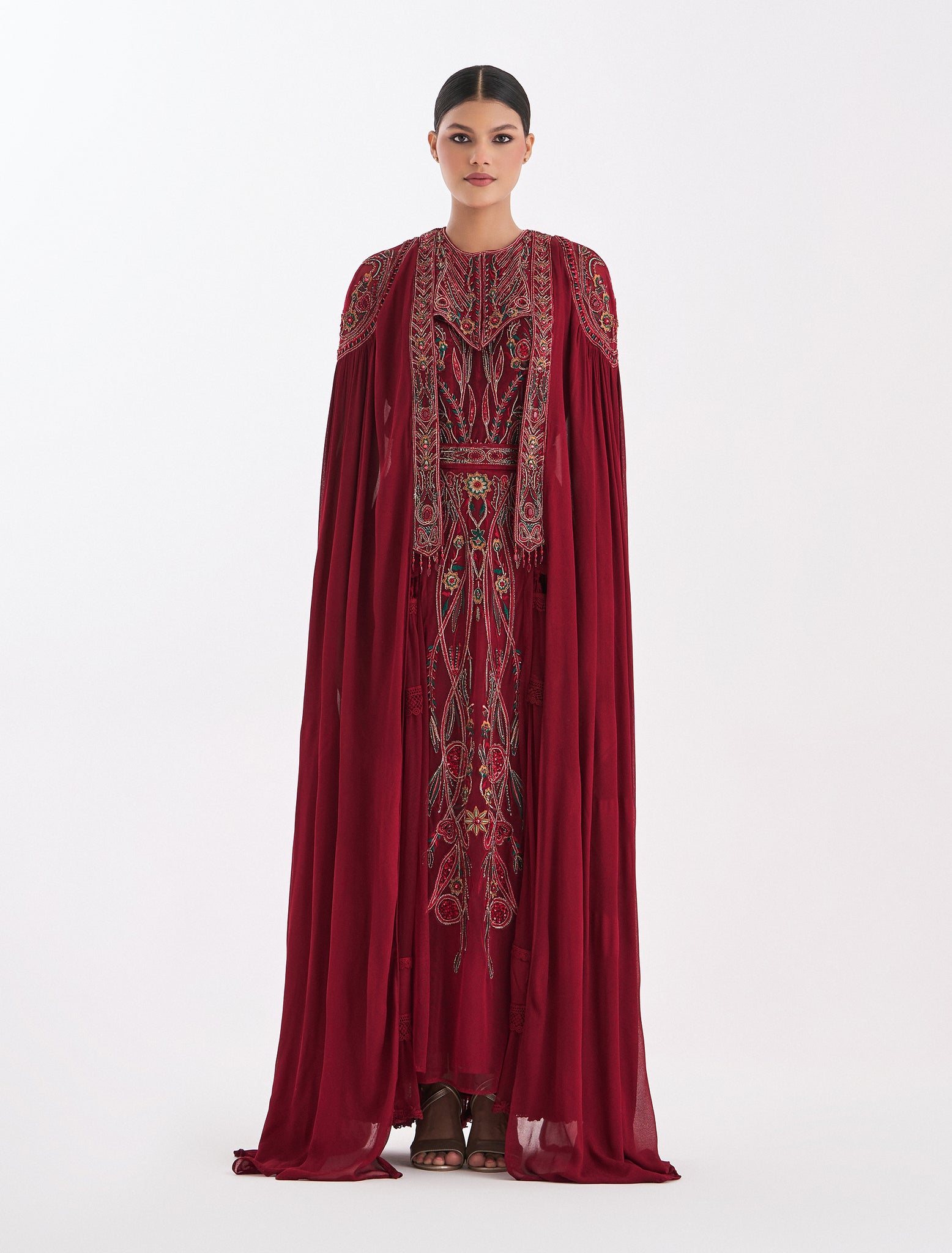 Dark Red Three-Piece Maxi Evening Set with Hand Embroidery