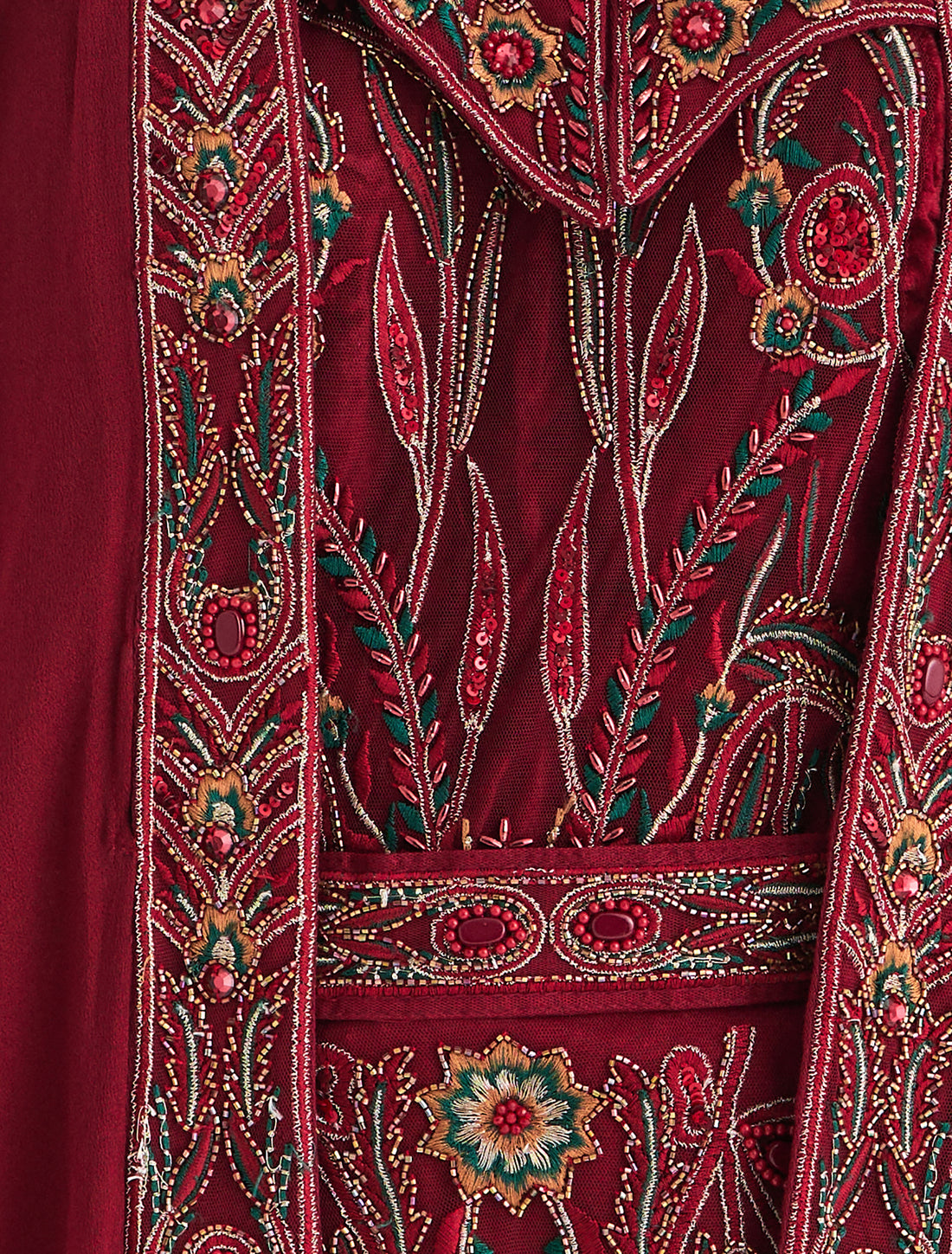 Dark Red Three-Piece Maxi Evening Set with Hand Embroidery