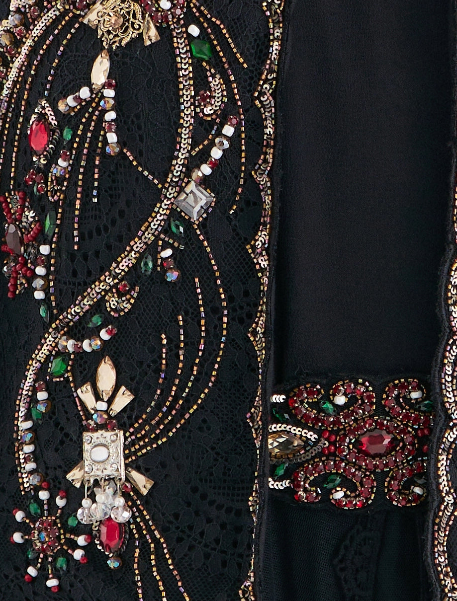 فستان مع جاكيت اسود طويل بلمسات دانتيل مميزة
Black dress for women with a jacket with lace accents