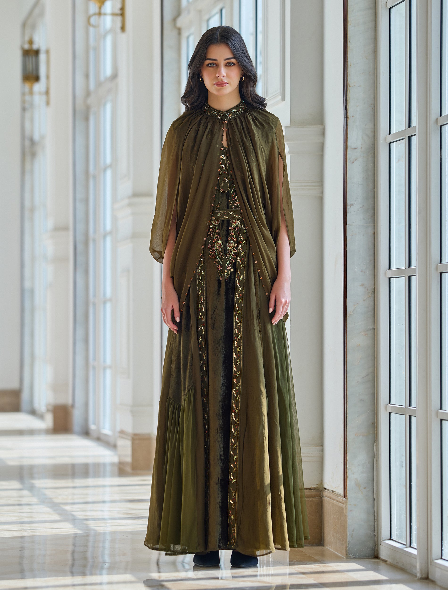 Long dress in olive-green with elegant short cape Long dress in olive-green with elegant short cape