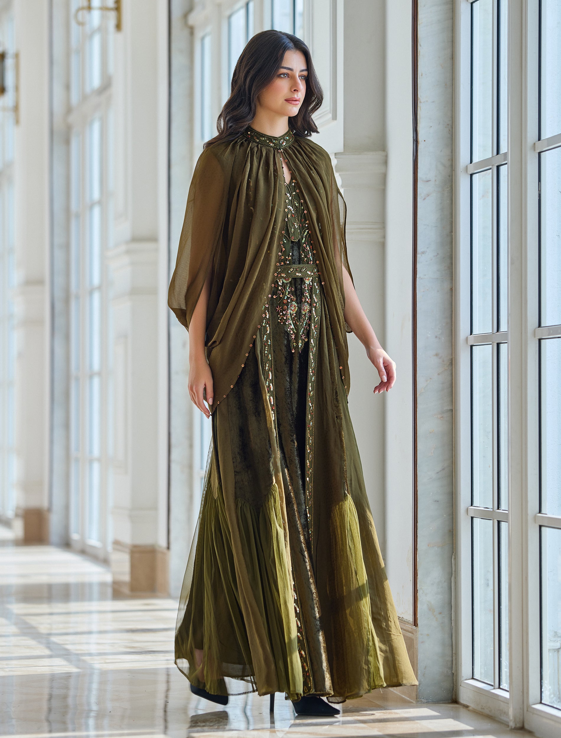 Long dress in olive-green with elegant short cape Long dress in olive-green with elegant short cape