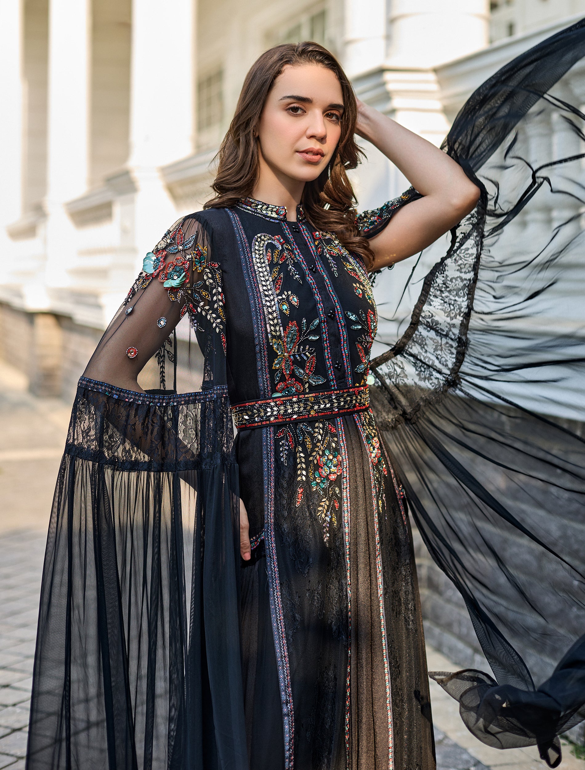 Black dress for women with sheer tulle cape. Black dress for women with sheer tulle cape.