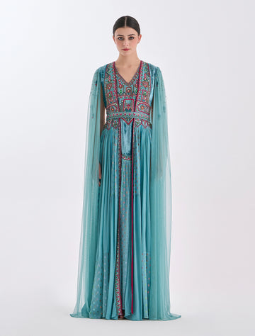 Turquoise Velvet and Tulle Evening Dress