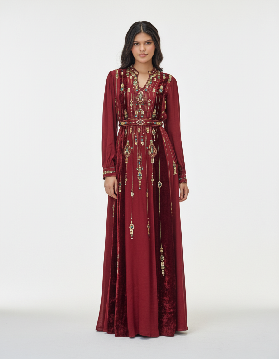فستان سهرة عودي بأكمام طويلة من شالكي
Burgundy Dress with long sleeves from Shalky 