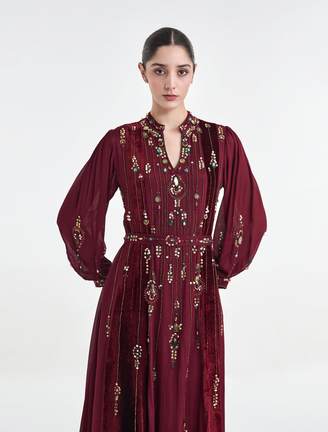 Long-Sleeve Dress in Burgundy from Velvet & Crepe