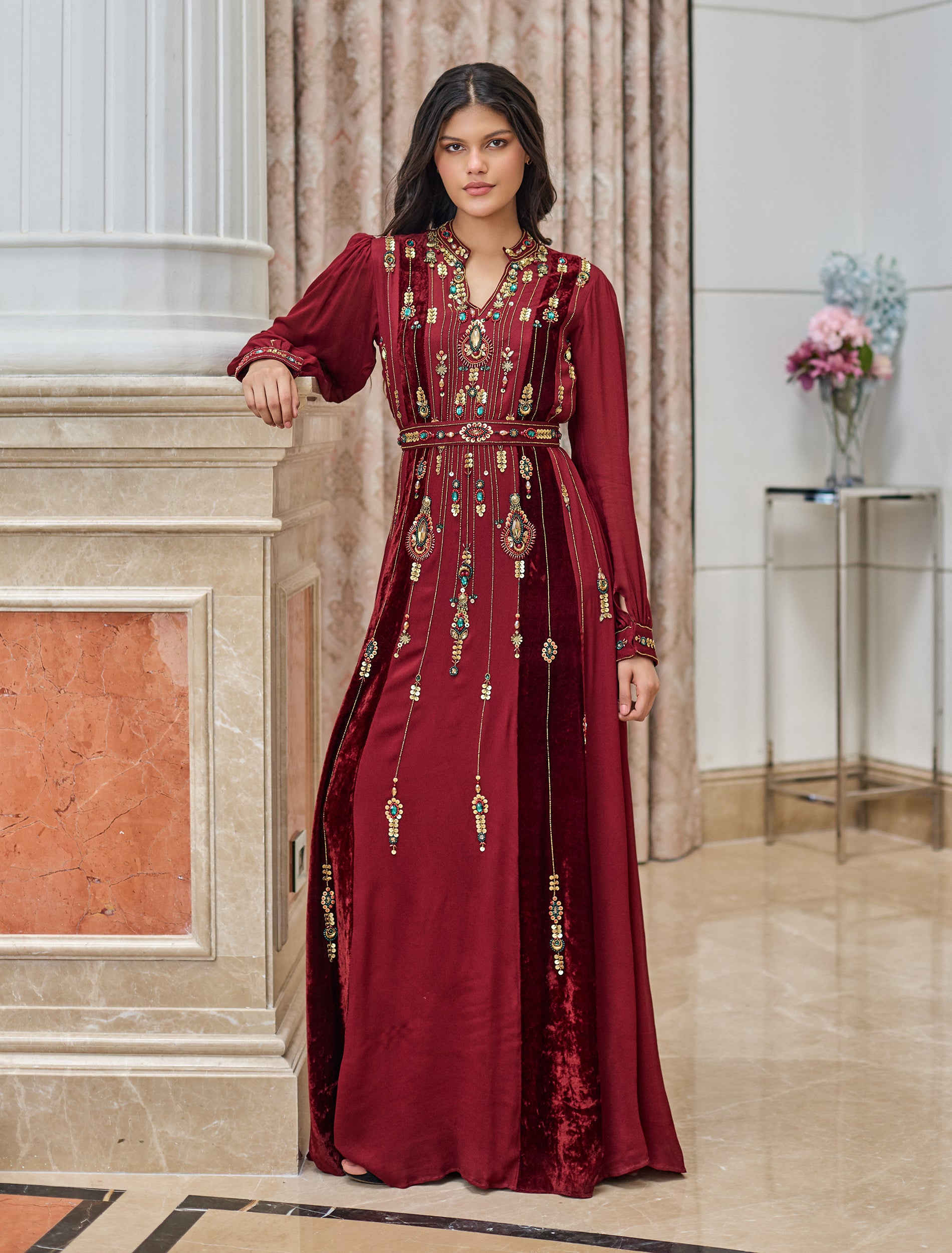 burgundy and gold long sleeve dress Gold Lace Burgundy High Neck Long Sleeve Prom Gown
