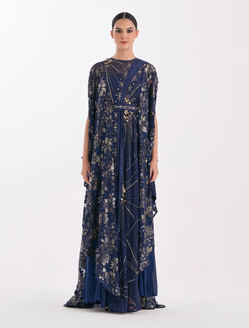 Navy Velvet and Crepe Evening Dress