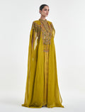 فستان اصفر كموني مع اكمام كيب من التل المطرز
Mustard dress with embroidered tulle cape sleeves